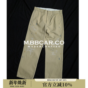 MBBCAR窄幅 做旧复古泼墨破坏镂空绣花宽松chino休闲直筒长裤