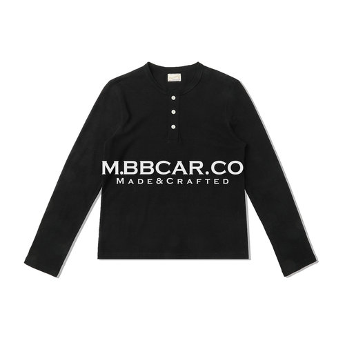 MBBCAR窄幅 女士修身型基础款黑白汉麻混纺长袖亨利美式复古T恤衫