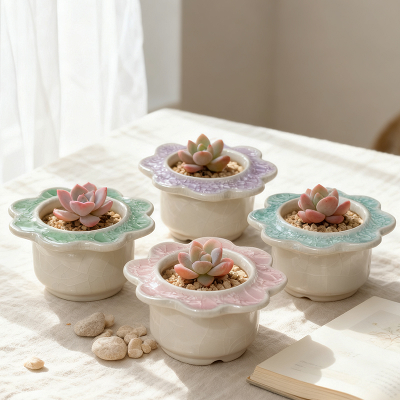 多肉花盆陶瓷花边口琉璃简约创意个性帽檐冰裂控根小桌面绿植特价
