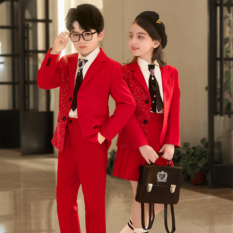 小学生校服班服男女童西装套装红色学院风舞台演出英伦正装演出服