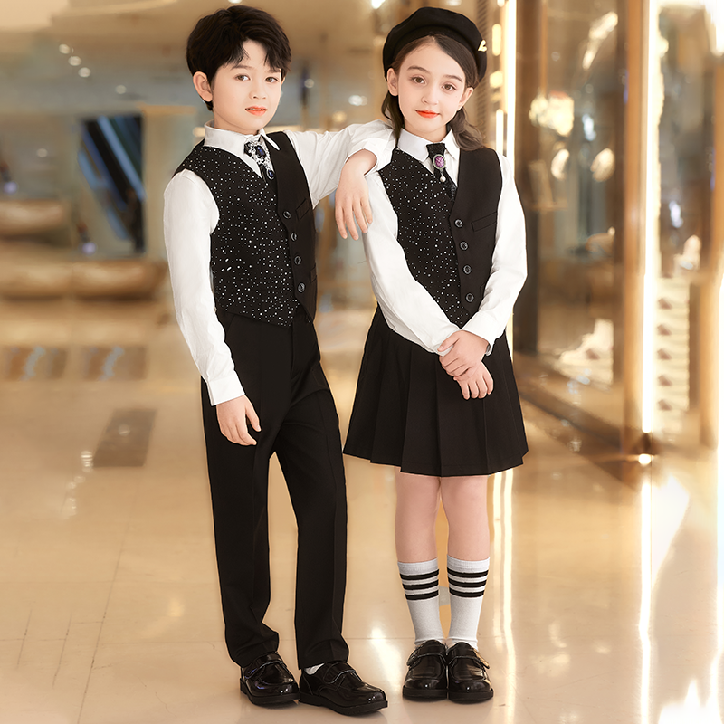 西装儿童礼服马甲夏季套装小学生合唱男女童演出服黑色班服毕业季