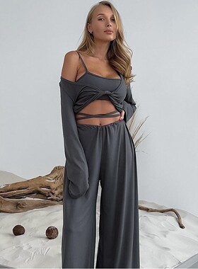 欧美宽松长袖内衣长裤睡衣三件套家居服女set pajamas women home