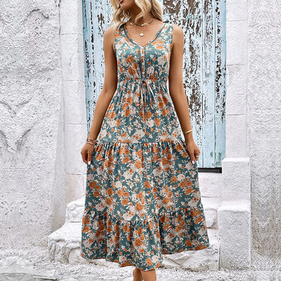 Women's Long Dress Sleeveless V-neck Stitching Printed Dress