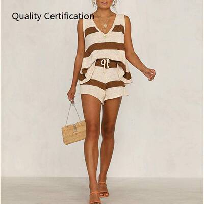 V-neck Vest And Knitted Shorts Women Sets Loose Striped Set