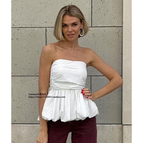 纯棉褶皱花苞收腰抹胸背心露肩上衣女 Flower bud strapless vest