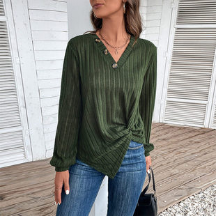 2024 Women's Fashion Casual Split Green V-neck Top T-shirt