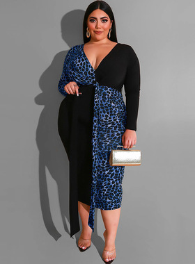 Ladies Leopard Dress Lace Sexy V-neck女士中长款修身小礼服