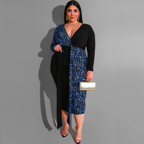 Ladies Leopard Dress Lace Sexy V-neck女士中长款修身小礼服