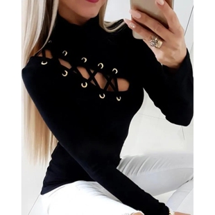 镂空系带露背长袖上衣 Eyelet Lace-up Backless Long Sleeve Top