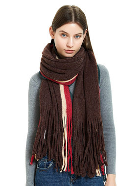 Warp-knitted Warm Scarf Color Strip Solid Color Long Tassel
