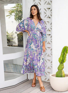 Women Bat Sleeve Dress V-neck Split Seaside Holiday Dress