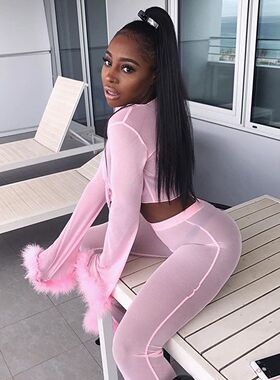 o Piece Set Long Sleeve Fluffy Crop Top And Pants Streetwear