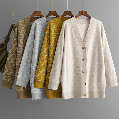 2025 V Collar Cardigan Sweater Women's Casual Loose Diamond