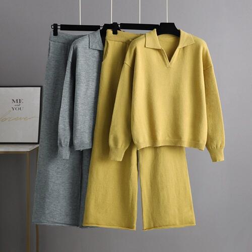 Knitted Suit Women Loose Polo Collar Sweater Wide Leg Pants