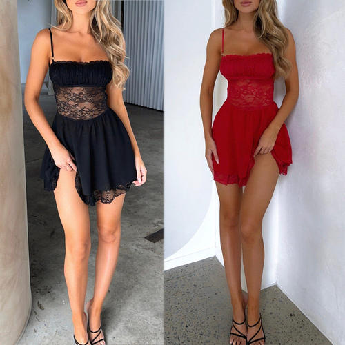 Elegant Dress Holiday New Lace Strap Sexy Perspective Skirt
