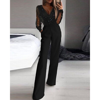 Glitter Contrast Mesh Jumpsuit黑色网纱撒粉拼接连体裤