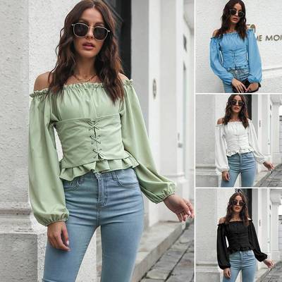 Slotted neck, waist, waist, short top, chiffon shirt