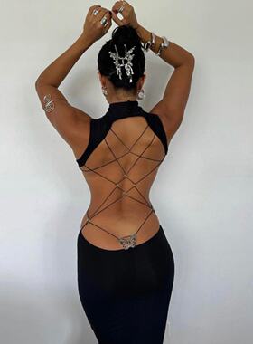 欧美金属蝴蝶镂空露背连衣裙女辣妹风显瘦开叉长裙子sexy dress