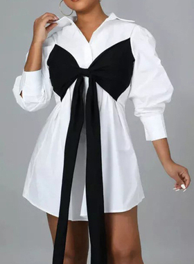 White Contrast Tie Bow Shirt Dress  撞色系带蝴蝶结衬衫连衣裙