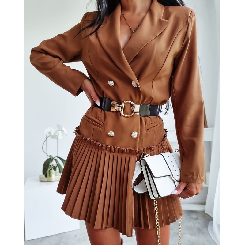 Pleated Buttoned Frill Hem Blazer Dress欧美百褶西装连衣裙女