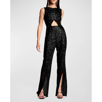 Women Black Sequined Party Jumpsuits黑色亮片无袖修身连体裤女