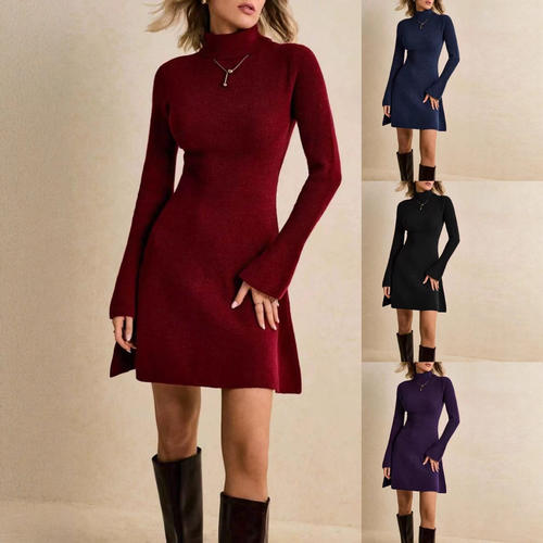 欧美喇叭袖针织毛衣连衣裙气质长袖气质Women long sleeved dress