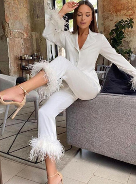 Women's solidcolor lapel top feather pants two-piece set羽毛