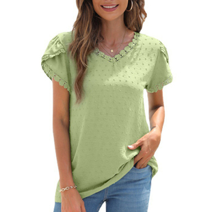 Splice V-Neck Solid Short Sleeve Top 宽松拼接V领纯色短袖上衣