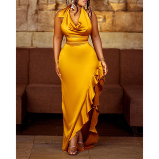 Halter Ruffles Slit Backless Party Dress不规则挂脖派队连衣裙