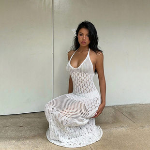 2026欧美纯色性感针织镂空沙滩罩衫 dress 比基尼泳衣沙滩裙女sexy