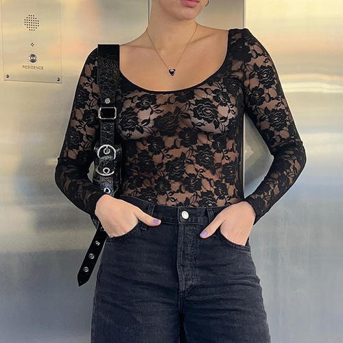 Sexy lace see through long sleeved top性感蕾丝透视长袖上衣女