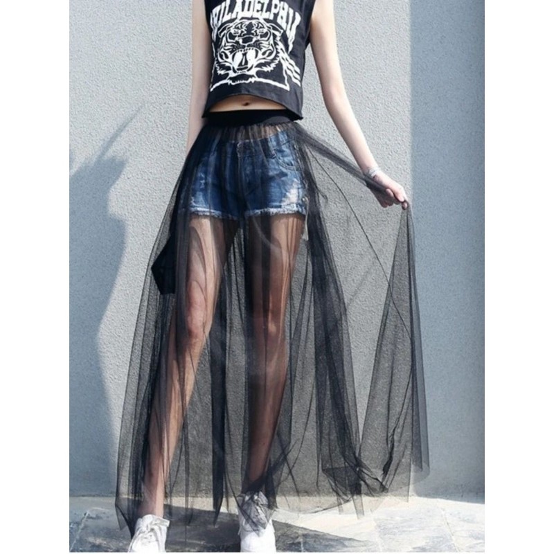 Women’s Long Black & White Lace Mesh Voile Skirt 长款薄纱裙