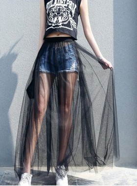 Women’s Long Black & White Lace Mesh Voile Skirt 长款薄纱裙