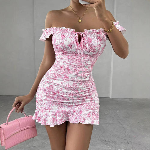 欧美女装复古风碎花露肩褶边性感收腰连衣裙短裙Sexy party dress