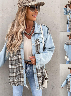 Autumn jeans shirt jacket Grid Print women coat 牛仔衬衫外套
