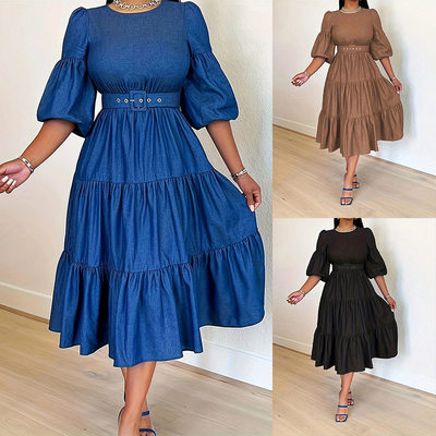 欧美风春款大码女装时尚圆领大摆牛仔连衣裙Women casual dress