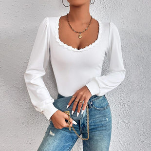 2025 Women Fashion V-neck Bubble Sleeve Slim Casual T-shirt