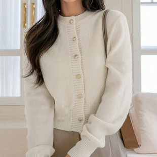 Metal Buckle Inside Solid Neck Cardigan Round Sweater Color