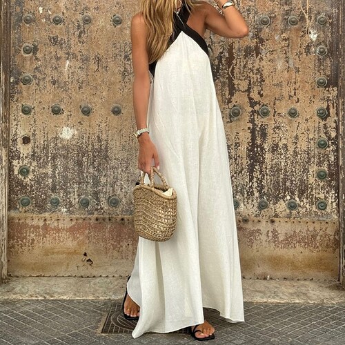 Women Summer Holiday Dress 沙滩度假风撞色露背连衣裙