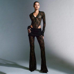 2025 Sexy Lace Stitching Deep V Long Sleeve Top Slim Suit