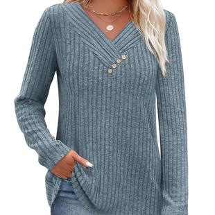 Buttoned 上衣女 Ruched Top shirt sleeve Long Loose neck