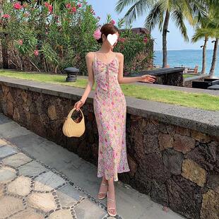 纯欲蕾丝边碎花吊带连衣裙女夏度假风海边沙滩裙辣妹高腰包臀裙子
