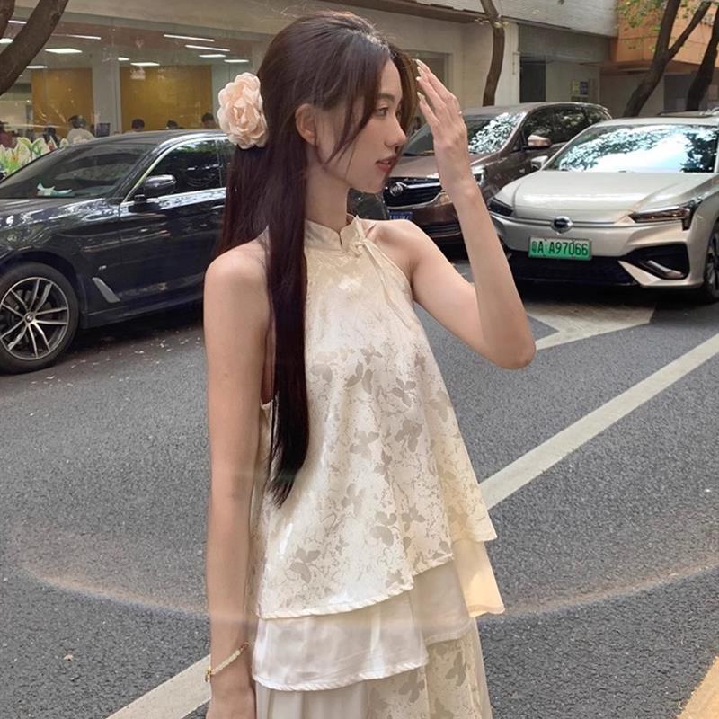 新中式国风旗袍清冷感禅意穿搭一整套挂脖上衣半身裙子套装女夏季