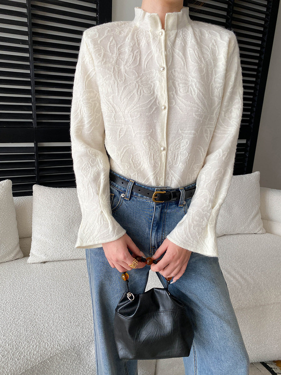 初见女装 韩系春季女士毛衣 木耳边立领提花喇叭袖法式针织开衫,女装/女士精品,毛针织衫,淘宝优惠券,粉丝福利购,淘宝优惠卷