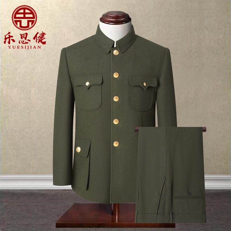 羊毛呢军绿中山装男套装中老年宽松爷爷装中国风中式礼服冬装