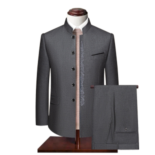 男士刺绣中山装套装中华立领喜公公婚宴礼服男中老年休闲爸爸装