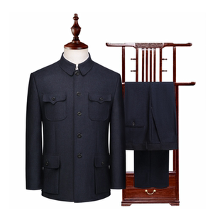 中山装男中老年套装爸爸装秋冬中山服老人衣服加绒加棉冬季军便装