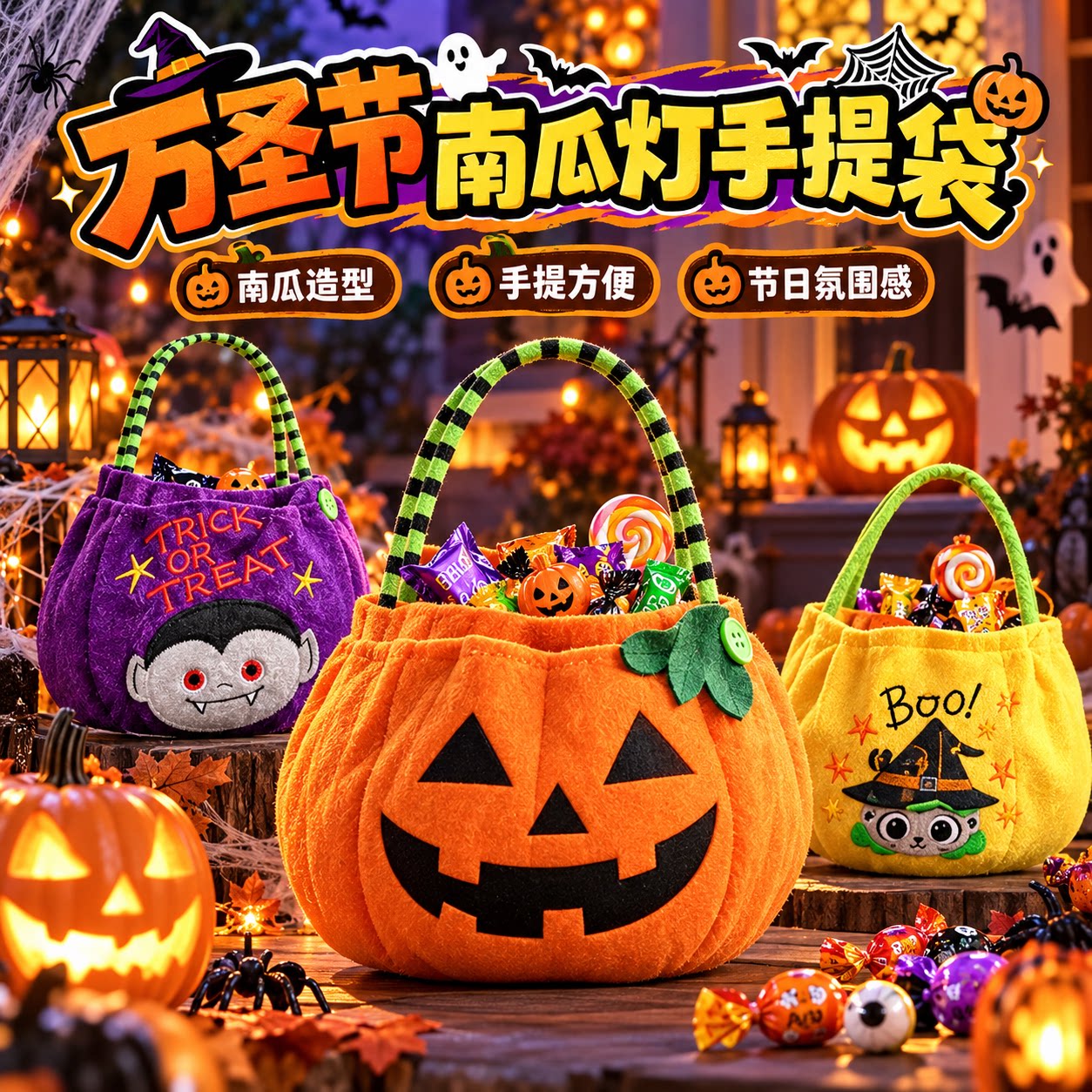 万圣节南瓜灯手提袋儿童装扮讨糖袋玩具幼儿园糖果袋装饰氛围道具