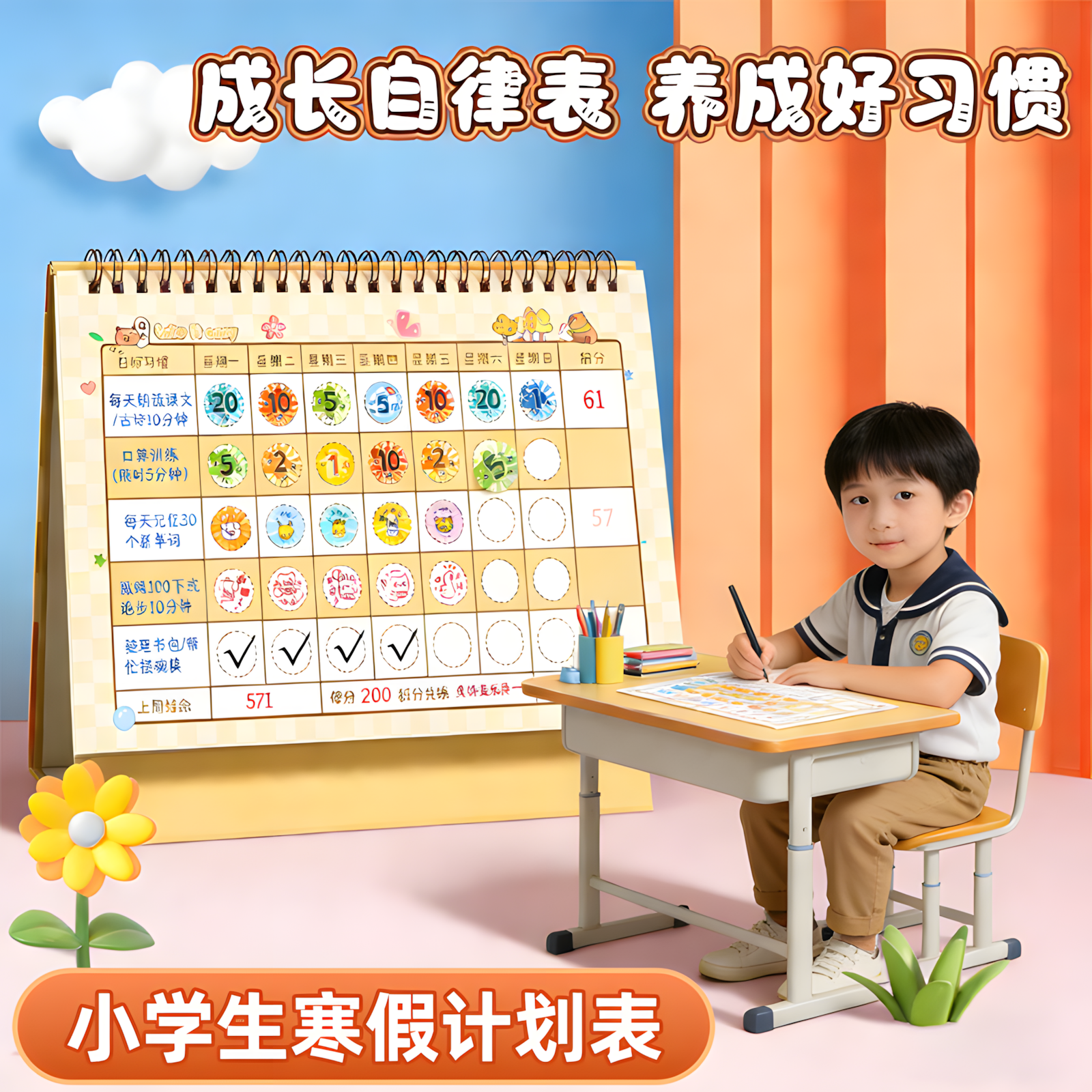 寒假计划表小学生儿童成长自律表贴纸奖励孩子的积分卡每日学习计划本
