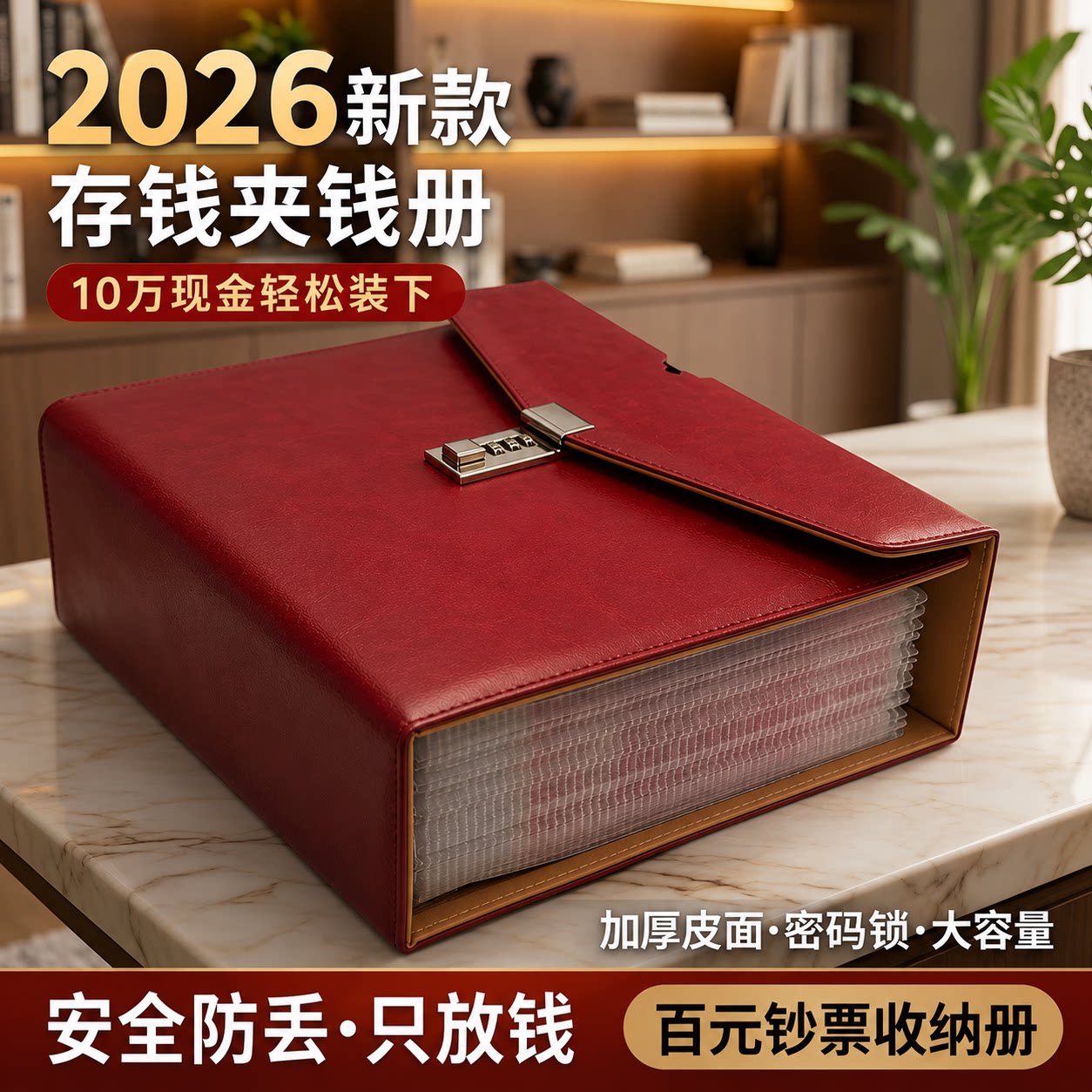 存钱夹钱册10万实用型加厚皮面现金存钱本密码锁2026年新款大容量只放钱网红攒钱本纸币钱币百元钞票收纳册